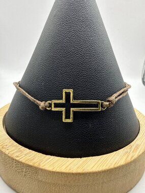 Gold Tone Sideways Hollow Cross Adjustable Cord Bracelet Faith Minimalist Charm